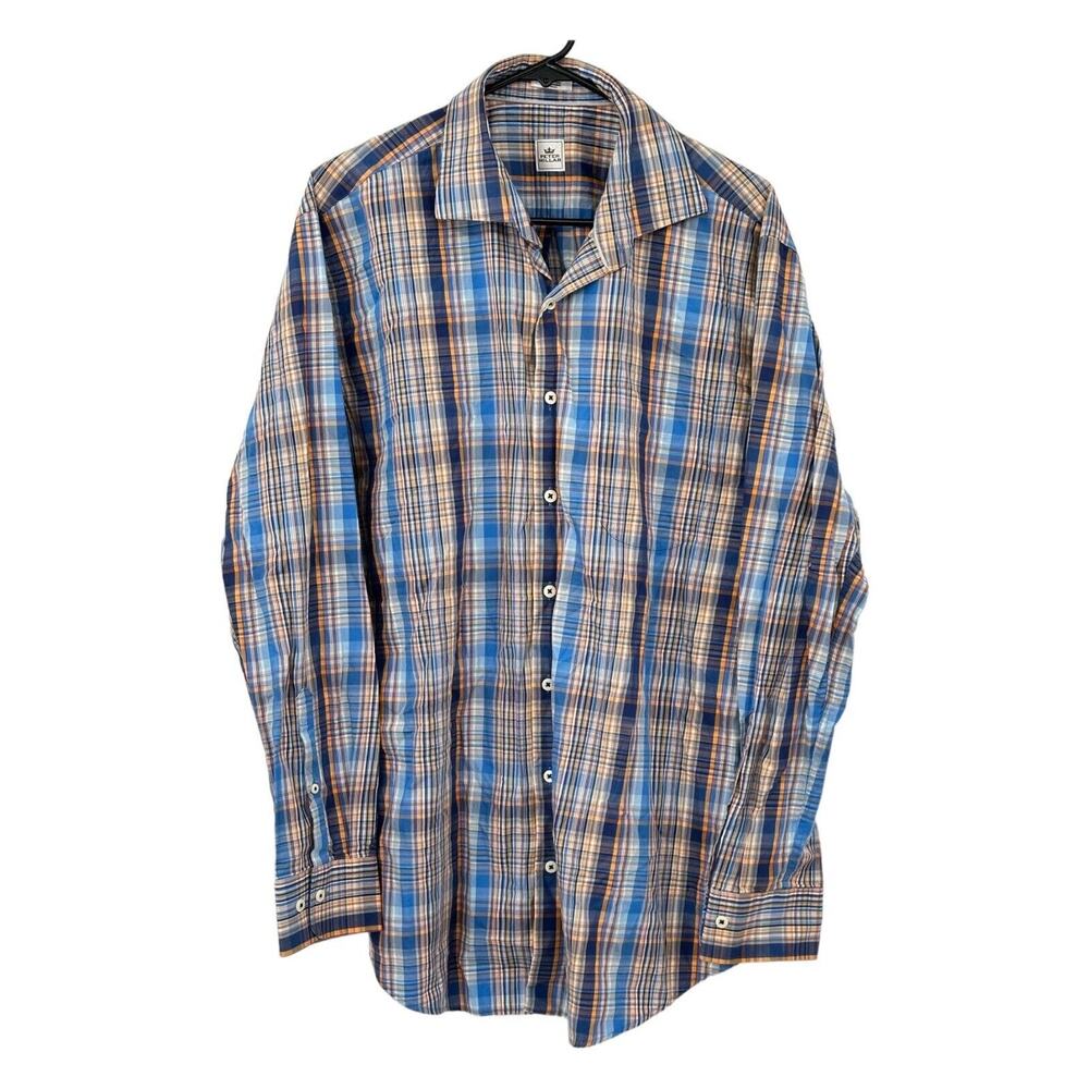 Peter Millar Shirt Mens Large Button Up Orange Blue Plaid 100% Cotton Preppy